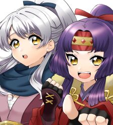 Rule 34 | 2girls, :o, bandages, black gloves, blue scarf, chest sarashi, commentary request, curtained hair, fingerless gloves, fire emblem, fire emblem: radiant dawn, fire emblem heroes, gau fe, gloves, headband, highres, japanese clothes, kimono, long hair, looking at viewer, micaiah (fire emblem), micaiah (ninja) (fire emblem), multiple girls, ninja, nintendo, official alternate costume, official alternate hairstyle, pointing, pointing at viewer, red headband, sanaki kirsch altina, sanaki kirsch altina (ninja), sarashi, scarf, smile, teeth, upper teeth only, white background, white hair, yellow eyes