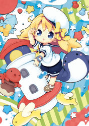 Rule 34 | 1girl, aikei ake, animal, beret, black sailor collar, blonde hair, blue eyes, blue shorts, blush, bow, brown footwear, chibi, commentary request, compass, fish, hat, hat bow, highres, lighthouse, long hair, octopus, original, parted lips, plaid, plaid background, puffy short sleeves, puffy shorts, puffy sleeves, sailor collar, seashell, shell, shirt, shoes, short sleeves, shorts, solo, squid, star (symbol), very long hair, whale, white hat, white shirt, yellow bow