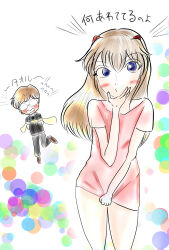 Rule 34 | 1boy, 1girl, absurdres, aida kensuke, beard, blue eyes, blush, brown hair, clothes pull, evangelion: 3.0+1.0 thrice upon a time, facial hair, glasses, hair ornament, hairclip, highres, legs, long hair, looking at another, looking at viewer, neon genesis evangelion, parted bangs, rebuild of evangelion, shirt pull, souryuu asuka langley, towel, translation request