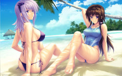 Rule 34 | 2girls, arm behind head, arm support, barefoot, beach, bikini, breasts, cloud, competition swimsuit, covered navel, cryska barchenowa, day, feet, highres, impossible clothes, impossible swimsuit, jewelry, jpeg artifacts, large breasts, legs, crossed legs, long hair, looking at viewer, looking back, multiple girls, muv-luv, muv-luv alternative, muv-luv total eclipse, navel, necklace, official art, official wallpaper, one-piece swimsuit, outdoors, palm tree, purple hair, sayori (neko works), shirt, short hair, side-tie bikini bottom, sideboob, sitting, sky, strap gap, string bikini, swimsuit, takamura yui, taut clothes, taut shirt, toe-point, tree, wallpaper