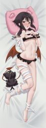 Rule 34 | 1girl, absurdres, bed sheet, blush, breasts, brown hair, cat lingerie, chen yang yang, chomusuke, commentary request, dakimakura (medium), demon girl, demon tail, demon wings, highres, kono subarashii sekai ni shukufuku wo!, long hair, looking at viewer, low wings, lying, megumin, meme attire, navel, on back, on bed, open mouth, pillow, red eyes, sidelocks, small breasts, solo, tail, teeth, tongue, upper teeth only, wings