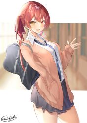 Rule 34 | 1girl, absurdres, alternate costume, bag, blurry, blurry background, breasts, cardigan, casual, contemporary, gyaru, hair ribbon, hand in own hair, heterochromia, highres, hololive, houshou marine, large breasts, letterboxed, long hair, looking at viewer, necktie, open mouth, red eyes, ribbon, school bag, school uniform, shiina aoi, signature, smile, solo, thighs, twintails, virtual youtuber, waving, yellow eyes