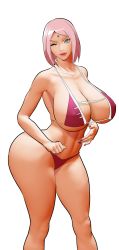 Rule 34 | 1girl, absurdres, ass, bikini, breasts, cleavage, facial mark, forehead mark, haruno sakura, highres, huge ass, huge breasts, lipstick, makeup, mature female, nail polish, naruto, naruto (series), one eye closed, pink hair, short hair, solo, swimsuit, tagme, thick thighs, thighs, white background, wide hips