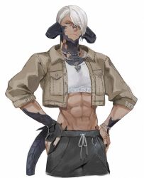 Rule 34 | 1boy, abs, au ra, black pants, black sclera, blue eyes, brown jacket, colored sclera, cropped shirt, final fantasy, final fantasy xiv, gg dal, hands in pockets, horns, jacket, long sleeves, looking at viewer, male focus, midriff, monster boy, navel, open clothes, open jacket, pants, shirt, simple background, solo, standing, tail, warrior of light (ff14), white background, white hair, white shirt