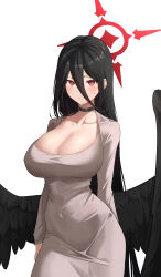Rule 34 | 1girl, absurdres, black choker, black hair, black wings, blue archive, breasts, choker, cleavage, dongtan dress, dori (choejeongmin7), dress, grey dress, halo, hasumi (blue archive), highres, large breasts, long hair, long sleeves, low wings, meme attire, mole, mole under eye, red eyes, red halo, simple background, solo, very long hair, white background, wings