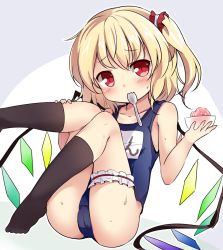 Rule 34 | 1girl, ass, baku-p, black socks, blonde hair, blush, bowl, commentary request, crystal, flandre scarlet, food, highres, holding, ice cream, kneehighs, knees to chest, knees up, leaning back, legs up, mouth hold, one-piece swimsuit, red eyes, school swimsuit, scrunchie, short hair, side ponytail, sitting, socks, solo, spoon, swimsuit, thigh strap, touhou, wings