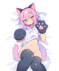 Rule 34 | 1boy, animal ears, animal hands, black thighhighs, blue eyes, blush, bright pupils, claws, clenched hand, closed mouth, covered navel, cowboy shot, dot nose, fake animal ears, gloves, hair between eyes, head tilt, heterochromia, highres, hood, hoodie, knees together feet apart, looking at viewer, lying, male focus, medium hair, on back, original, paw gloves, paw pose, pink eyes, pink hair, pink tail, raito-kun (uenomigi), short sleeves, solo, stomach, sweat, tail, thick thighs, thighhighs, thighs, trap, tsurime, uenomigi, variant set, white background, white hoodie, white pupils