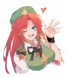 Rule 34 | 1girl, ;d, beret, black ribbon, blue eyes, blush, braid, breasts, chinese clothes, commentary, cropped torso, fangs, green hat, hair ribbon, hat, hat ornament, heart, highres, hong meiling, large breasts, liangyilin, long hair, looking at viewer, lower teeth only, one eye closed, open mouth, red hair, ribbon, sidelocks, sketch, smile, solo, star (symbol), star hat ornament, teeth, touhou, tress ribbon, twin braids, upper body, upper teeth only
