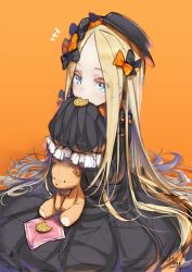 Rule 34 | +++, 1girl, abigail williams (fate), black bow, black dress, black hat, blonde hair, blue eyes, bow, cookie, dress, eating, eyes visible through hair, fate/grand order, fate (series), food, hair bow, hands in opposite sleeves, hat, hong (white spider), long hair, long sleeves, looking at viewer, orange background, orange bow, signature, sitting, solo, stuffed animal, stuffed toy, teddy bear