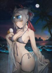 Rule 34 | 1girl, animal ears, aviator sunglasses, azur lane, bare shoulders, bikini, blush, breasts, commentary, douya (233), earrings, extra ears, eyewear on head, front-tie bikini top, front-tie top, grey hair, guinea pig, hair ornament, jewelry, looking at viewer, medium breasts, medium hair, navel, night, ocean, official alternate costume, outdoors, ponytail, shawl, shore, side-tie bikini bottom, solo, standing, star (sky), star (symbol), star earrings, sunglasses, suzutsuki (azur lane), suzutsuki (beachside attendant!) (azur lane), swimsuit, symbol-only commentary, tassel, thigh strap, water, wet, yellow eyes