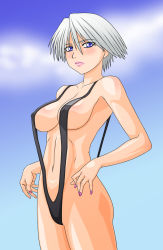 Rule 34 | 1girl, bare shoulders, blue eyes, blue sky, blush, breasts, christie (doa), cleavage, closed mouth, collarbone, covered erect nipples, dead or alive, eyebrows, female focus, fingernails, highres, legs together, lips, lipstick, looking at viewer, makani kohitujito, makeup, medium breasts, midriff, nail polish, navel, nose, outdoors, pink lips, pink nails, short hair, sideboob, silver hair, sky, slingshot swimsuit, solo, standing, swimsuit, tecmo