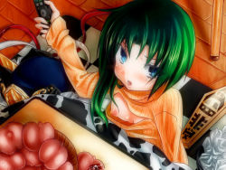 Rule 34 | 1girl, :o, alternate, alternate costume, animal print, asymmetrical hair, blue eyes, blush, breasts, contemporary, controller, cow print, food, fruit, green hair, hat, unworn hat, unworn headwear, kotatsu, long sleeves, looking at viewer, meme attire, nipples, open-chest sweater, orange sweater, peach, remote control, ribbed sweater, rod of remorse, shiki eiki, sitting, small breasts, solo, sweater, table, torachige, touhou, trash can