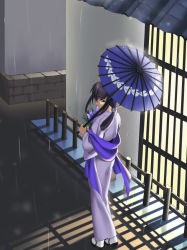 Rule 34 | 1girl, flower, japanese clothes, kimono, letterboxed, oil-paper umbrella, piyodera mucha, rain, rurouni kenshin, solo, umbrella, window shadow, yukishiro tomoe