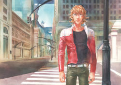Rule 34 | 10s, 1boy, 914kana, bad id, bad pixiv id, barnaby brooks jr., blonde hair, city, glasses, jacket, jewelry, male focus, necklace, outdoors, painting (medium), red jacket, sky, solo, tiger &amp; bunny, traditional media, watercolor (medium)