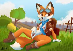 Rule 34 | 1girl, absurdres, backpack, bag, belly, boots, bottomless, breasts, brown eyes, cloud, female focus, fence, fox, frommarstomercury, fur, furry, goggles, goggles on head, grass, highres, jacket vest, lyra swiftail, meadow, medium breasts, nipples, orange fur, plant, pussy, pussy juice, scarf, shrub, sitting, solo, spread legs, spread pussy, super lucky&#039;s tale, teasing, tongue, tongue out, tree, white belly