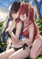 Rule 34 | 2girls, animal ear fluff, animal ears, armpit crease, bangle, bare arms, barefoot, bikini, black bikini, black hair, blush, bracelet, braid, breasts, breasts on another&#039;s back, closed eyes, closed mouth, collarbone, crossover, day, ear piercing, grass, hair between eyes, hand on another&#039;s arm, hand on another&#039;s stomach, hand up, highres, ichinose uruha, jewelry, kneeling, large breasts, leaning forward, long hair, looking at another, looking back, lupinus virtual games, multi-strapped bikini, multicolored hair, multiple girls, navel, nijisanji, one-piece swimsuit, one eye closed, outdoors, piercing, ratna petit, red eyes, red hair, red one-piece swimsuit, shakkiyi, sitting, smile, stomach, straight hair, streaked hair, summer, swept bangs, swimsuit, thighs, tree, virtual youtuber, vspo!, white hair