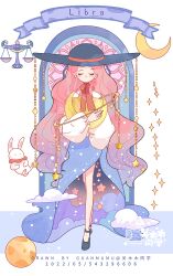 Rule 34 | 1girl, artist name, balance scale, black footwear, black hat, blue hair, blue skirt, blush stickers, bow, bowtie, closed eyes, closed mouth, cloud print, crescent moon, dated, english text, eyelashes, full body, gradient hair, guanmumu, hat, hat ornament, highres, holding moon, libra (zodiac), long hair, long skirt, long sleeves, moon, multicolored hair, neck ruff, original, pink hair, puffy long sleeves, puffy sleeves, red bow, red bowtie, shirt, shoes, side slit, skirt, smile, snowing, solo, star (symbol), star hat ornament, sun hat, very long hair, watermark, weighing scale, white rabbit (animal), white shirt, zodiac