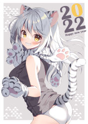 Rule 34 | 1girl, 2022, animal ear fluff, animal ears, animal hands, animal print, aran sweater, ass, black sweater, blush, brown eyes, cable knit, chinese zodiac, commentary request, from side, gloves, grin, hair between eyes, happy new year, long hair, looking at viewer, looking to the side, mauve, new year, original, paw gloves, print gloves, ribbed sweater, silver hair, smile, solo, sweater, tail, tiger ears, tiger girl, tiger print, tiger tail, v-shaped eyebrows, very long hair, white gloves, year of the tiger