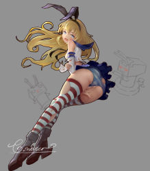 Rule 34 | 10s, 1girl, animal ears, blonde hair, blue eyes, clear water, cum, cum in mouth, highres, kantai collection, long hair, miniskirt, panties, pleated skirt, pussy juice, rabbit ears, rudder footwear, sailor collar, saliva, shimakaze (kancolle), skirt, solo, striped clothes, striped panties, striped thighhighs, thighhighs, torn clothes, underwear, unfinished