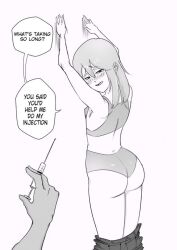 1girl 1other against_wall ass blush bra clothes_pull commentary dimples_of_venus english_commentary english_text fluoride_brain greyscale half-closed_eyes highres holding holding_syringe monochrome original panties skirt skirt_pull speech_bubble syringe underwear