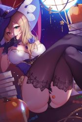 Rule 34 | 1girl, absurdres, artist name, ass, black gloves, black panties, black thighhighs, blush, book, breasts, candle, candy, capelet, cleavage, crossed legs, food, full moon, genshin impact, gloves, green eyes, hat, hat belt, highres, jewelry, large breasts, light brown hair, lisa (genshin impact), lollipop, long hair, looking at viewer, moon, nanoless, necklace, night, night sky, panties, pendant, pumpkin, purple capelet, purple headwear, sitting, sky, smile, thighhighs, thighs, underwear, witch hat, zip available