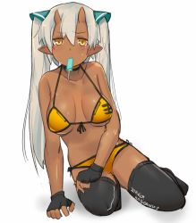 Rule 34 | 1girl, arm support, bikini, black gloves, black thighhighs, breasts, choker, female focus, fingerless gloves, food, front-tie top, gloves, horns, katsudansou, large breasts, looking at viewer, mouth hold, oni horns, original, ouhana, pointy ears, popsicle, sagging breasts, side-tie bikini bottom, silver hair, simple background, sitting, solo, sweat, swimsuit, thighhighs, twintails, white background, yellow bikini, yellow eyes, yokozuwari