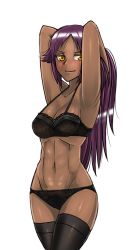 Rule 34 | armpits, arms behind head, black legwear, black lingerie, bleach, blush, breasts, dark skin, high ponytail, light smile, lingerie, long hair, looking at another, midriff, navel, purple hair, shihouin yoruichi, standing, thighhighs, toned, twrlare, underwear, yellow eyes