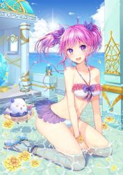 Rule 34 | 1girl, aisha landar, angkor (elsword), bat wings, bikini, bow, breasts, cloud, cocktail glass, creature, cup, drinking glass, elsword, flower, frilled bikini, frills, hair bow, happy, horizon, innertube, kneeling, looking at viewer, medium breasts, open mouth, outdoors, partially submerged, pink eyes, pink hair, purple bow, purple eyes, purple hair, sandals, short hair, sky, smile, sun, swim ring, swimsuit, twintails, void princess (elsword), water, white bikini, wings