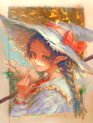 Rule 34 | 1girl, absurdres, blue flower, blue hair, border, bow, braid, branch, closed mouth, earrings, fingernails, flower, frills, green eyes, hat, hat bow, highres, jewelry, jinchigou, long hair, looking at viewer, low twintails, middle finger, original, outdoors, over shoulder, painterly, pointy ears, red bow, red neckwear, single earring, smile, solo, twintails, upper body, white hat, witch hat