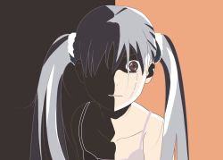 Rule 34 | 1girl, :|, bare shoulders, black background, brown eyes, close-up, closed mouth, collarbone, commentary, crying, crying with eyes open, dress, furrowed brow, hair over one eye, hair strand, high contrast, highres, kasderan, leaning forward, long hair, looking at viewer, mixed-language commentary, monogatari (series), oikura sodachi, orange background, owarimonogatari, portrait, scrunchie, shaded face, silver hair, sleeveless, sleeveless dress, solo, spaghetti strap, split image, staring, streaming tears, sundress, tears, twintails, upset, very long hair, white dress, white scrunchie, wide-eyed