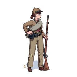 Rule 34 | 1girl, absurdres, american civil war, ammunition pouch, antique firearm, belt, blush, boots, brown footwear, brown hair, brown hat, brown jacket, brown pants, buttons, commentary, confederate states of america, firearm, firelock, flintlock, full body, gun, hat, highres, holding, holding gun, holding weapon, jacket, kepi, long sleeves, looking ahead, military, military hat, military uniform, musket, original, ostwindprojekt, pants, patch, patchwork clothes, ponytail, pouch, red shirt, shadow, shirt, simple background, soldier, solo, striped clothes, striped shirt, uniform, weapon, white background