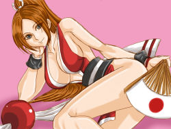 Rule 34 | 1girl, bare shoulders, breasts, brown hair, kofire, large breasts, legs, long hair, lying, on side, shiranui mai, smile, snk, solo, the king of fighters, thighs