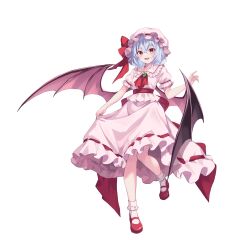 Rule 34 | 1girl, :d, ascot, bat wings, black wings, blue hair, commentary request, full body, hat, highres, kure~pu, open mouth, pink hat, pink shirt, pink skirt, pink wings, red ascot, red eyes, red footwear, remilia scarlet, shirt, short hair, simple background, skirt, skirt hold, smile, touhou, white background, wings