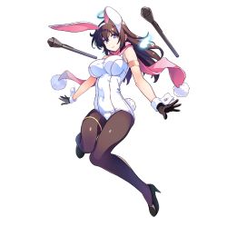 Rule 34 | 1girl, animal ears, arm strap, black footwear, black gloves, black pantyhose, blue eyes, breasts, brown hair, dennou tenshi djibril, fake animal ears, fake tail, full body, gloves, halo, high heels, kuuchuu yousai, large breasts, long hair, official art, old school swimsuit, one-piece swimsuit, pantyhose, pantyhose under swimsuit, pink neckwear, playboy bunny swimsuit, pumps, rabbit ears, rabbit tail, scarf, school swimsuit, smile, solo, swimsuit, tail, thigh strap, transparent background, white one-piece swimsuit, wrist cuffs
