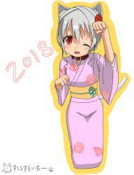 Rule 34 | 1girl, 2018, animal ears, arm up, blush, cat ears, cat girl, cat tail, collar, dated, fang, female focus, flower, full body, grey hair, hair flower, hair ornament, hand up, happy, highres, japanese clothes, kimono, kneeling, long sleeves, looking at viewer, obi, one eye closed, open mouth, original, paw pose, pink kimono, red flower, red neckwear, red rose, rose, sash, seiza, short hair, simple background, sitting, smile, solo, stealthwriter, tail, teeth, text focus, translated, white background, wink