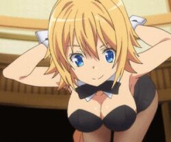 1girl animated animated_gif blonde_hair blue_eyes bouncing_breasts bow bowtie braid braided_ponytail breasts brown_pantyhose cuff_links danchou_arthur leotard long_hair looping_animation million_arthur_(series) pantyhose sleeveless tagme winking_(animated)