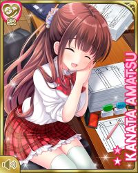 Rule 34 | 1girl, :d, amatsu kanata, bow, brown hair, card, character name, classroom, day, closed eyes, girlfriend (kari), hands together, indoors, long hair, long sleeves, official art, open mouth, paperwork, plaid, plaid skirt, qp:flapper, red eyes, red skirt, rolled up sleeves, school uniform, shirt, sitting, skirt, smile, tagme, white shirt