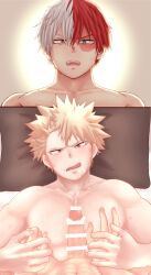 Rule 34 | 2boys, bakugou katsuki, blonde hair, boku no hero academia, burn scar, censored, completely nude, grey hair, highres, looking at viewer, male focus, multicolored hair, multiple boys, nude, open mouth, penis, red eyes, red hair, satoko (sat ok o), scar, scar on face, short hair, spiked hair, tongue, tongue out, two-tone hair, yaoi