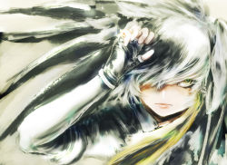 Rule 34 | 1girl, black gloves, black hair, blonde hair, closed mouth, collared shirt, commentary request, fingerless gloves, floating hair, gloves, green eyes, grey hair, grey shirt, hair over one eye, hand up, kemono friends, layered sleeves, lips, long hair, long sleeves, looking at viewer, low ponytail, multicolored hair, ringed eyes, shirt, shoebill (kemono friends), short over long sleeves, short sleeves, side ponytail, solo, stealstitaniums, upper body, wing collar