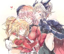 Rule 34 | 3girls, artoria pendragon (fate), artoria pendragon (lancer alter) (fate), bare shoulders, blonde hair, braid, breasts, closed eyes, fate/grand order, fate (series), florence nightingale (fate), french braid, girl sandwich, gloves, holding hands, hand on another&#039;s head, heart, hug, mirui, mordred (fate), mordred (fate/apocrypha), mother and daughter, multiple girls, pink hair, ponytail, sandwiched, sketch, smile, underboob, white gloves, yuri