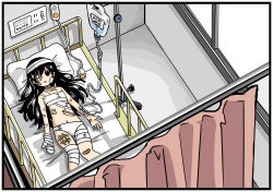 Rule 34 | 1girl, bandaged fingers, bandaged head, bandages, bandaid, bandaid on knee, bandaid on leg, black hair, cast, commentary, eyepatch, highres, hospital, intravenous drip, long hair, lying, manmi, on back, on bed, original, solo