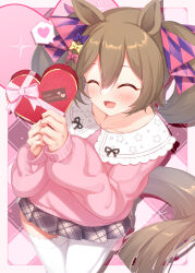 Rule 34 | 1girl, animal ears, argyle, argyle background, bananatsukis, blush, border, bow, box, brown hair, closed eyes, commentary request, cowboy shot, facing viewer, hair between eyes, hair bow, heart, heart-shaped box, highres, horse ears, horse girl, horse tail, long sleeves, medium hair, official alternate costume, open mouth, outside border, pink background, pink sweater, plaid, plaid skirt, skirt, smart falcon (umamusume), smile, solo, spoken heart, sweater, tail, thighhighs, umamusume, white border, white thighhighs