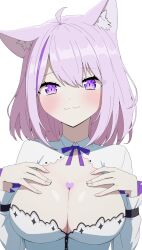 Rule 34 | 1girl, :3, absurdres, ahoge, animal ear fluff, animal ears, blush, breasts, cat ears, cleavage, commentary, daydarion, english commentary, hands on own chest, heart on chest, highres, hololive, large breasts, long sleeves, looking at viewer, medium hair, nekomata okayu, nekomata okayu (wonderland), purple eyes, purple hair, simple background, solo, upper body, virtual youtuber, white background