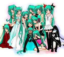 Rule 34 | 10s, 6+girls, :d, ^ ^, acute (vocaloid), aqua hair, arms behind back, bare shoulders, black dress, black rock shooter, black rock shooter (character), blue dress, blue eyes, boots, cendrillon (vocaloid), clone, closed eyes, costume chart, dress, e? aa sou. (vocaloid), flower, green hair, hachune miku, hair flower, hair ornament, hairband, hand on shoulder, hatsune miku, japanese clothes, kimono, long hair, looking at viewer, looking back, magnet (vocaloid), melt (vocaloid), multiple girls, multiple persona, nyakelap, o o, odd one out, open mouth, own hands clasped, own hands together, panties, puffy short sleeves, puffy sleeves, romeo to cinderella (vocaloid), shiroi yuki no princess wa (vocaloid), short sleeves, sitting, skirt, smile, songover, standing, thigh boots, thighhighs, underwear, underwear only, very long hair, vocaloid, waving, white dress, world is mine (vocaloid), yumemiru kotori (vocaloid)