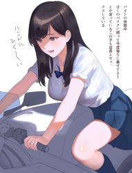 Rule 34 | 1girl, a1 (initial-g), black hair, blue bow, blue bowtie, blue skirt, bow, bowtie, collared shirt, commentary request, eyelashes, long hair, looking at object, miniskirt, on motorcycle, original, pleated skirt, riding, school uniform, shirt, short sleeves, skirt, sleeves rolled up, socks, solo, straight hair, swept bangs, translation request, white background, white shirt