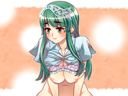 1girl bottomless bra breasts clothes_lift female_focus gradient_background green_eyes green_hair inverted_nipples large_breasts lingerie long_hair matching_hair/eyes navel nipples original shirt_lift solo tsuutenkaaku underwear