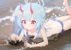 Rule 34 | 1girl, alternate costume, alternate hairstyle, beach, bikini, blue archive, blush, breasts, butt crack, chise (blue archive), chise (swimsuit) (blue archive), collarbone, commentary request, hair between eyes, hair ornament, highres, horns, long hair, lying, no entity, oni horns, side ponytail, small breasts, solo, string bikini, swimsuit