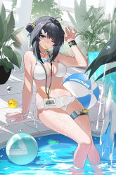 Rule 34 | 1girl, absurdres, ahoge, arknights, arm support, ball, beachball, bikini, black bracelet, black eyes, black hair, breasts, cleavage, goggles, goggles around neck, hair bun, hand up, highres, id card, infection monitor (arknights), la pluma (arknights), la pluma (summer flowers) (arknights), lanyard, large breasts, looking at viewer, medium hair, miqilinfeizainie, mouth hold, navel, one eye closed, plant, pool, potted plant, rhodes island logo (arknights), rubber duck, single side bun, soaking feet, solo, stomach, swimsuit, thigh strap, thighs, water, wet, whistle, whistle around neck, white bikini
