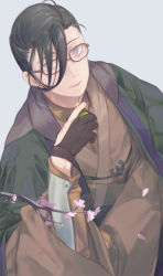 Rule 34 | 1boy, absurdres, black hair, brown kimono, brown shirt, cape, cherry blossoms, commentary, cup, daisi gi, falling petals, fate/grand order, fate (series), from above, glasses, gloves, green cape, green tea, grey background, grey eyes, hair over one eye, hair pulled back, highres, holding, holding cup, japanese clothes, kimono, looking at viewer, male focus, partially fingerless gloves, petals, shirt, simple background, solo, symbol-only commentary, tea, upper body, yamanami keisuke (fate)