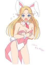 Rule 34 | 1girl, animal ears, blue eyes, blush stickers, breasts, cleavage, covering privates, detached collar, earrings, embarrassed, fake animal ears, female focus, jewelry, legs, leotard, long pointy ears, looking at viewer, miri (cherryjelly), necktie, nintendo, open mouth, parted lips, playboy bunny, pointy ears, princess zelda, rabbit ears, rabbit tail, short necktie, simple background, solo, strapless, strapless leotard, super smash bros., the legend of zelda, the legend of zelda: a link between worlds, triforce, triforce earrings, wardrobe malfunction, white background